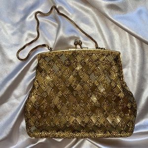 Vintage hand beaded evening clutch - beaded gold purse with chain - gold clutch